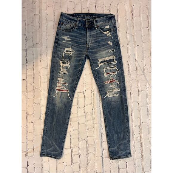 American Eagle Men's 30x30 Airflex Jeans Stretch Slim Slashed Distressed Grunge - Picture 7 of 12